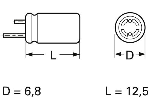 Diagram znázorňuje valcový kondenzátor. Vľavo je pohľad z boku s dĺžkou 'L' a vpravo pohľad zhora s priemerom 'D'. Rozmery: D = 6,8 mm, L = 12,5 mm.