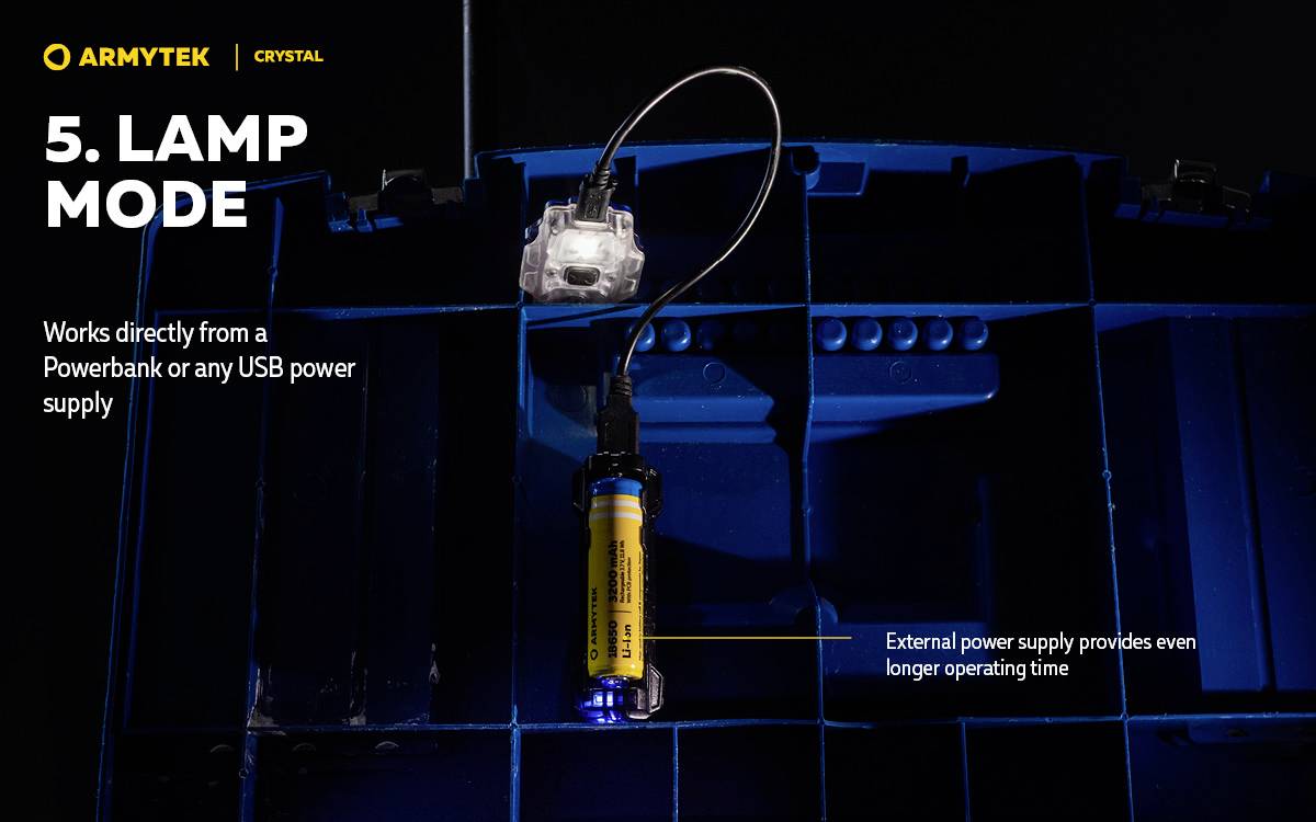 'ARMYTEK CRYSTAL' lampa v móde lampy. Napájaná powerbankou alebo USB. Externý zdroj energie predlžuje prevádzkový čas.