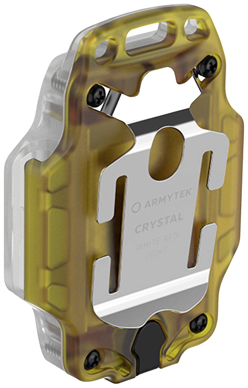 Kompaktné, priehľadné bezpečnostné svetlo so žltým rámikom a kovovým štítkom s gravírovaným nápisom 'CRYSTAL'. Ideálne pre vonkajšie aktivity.