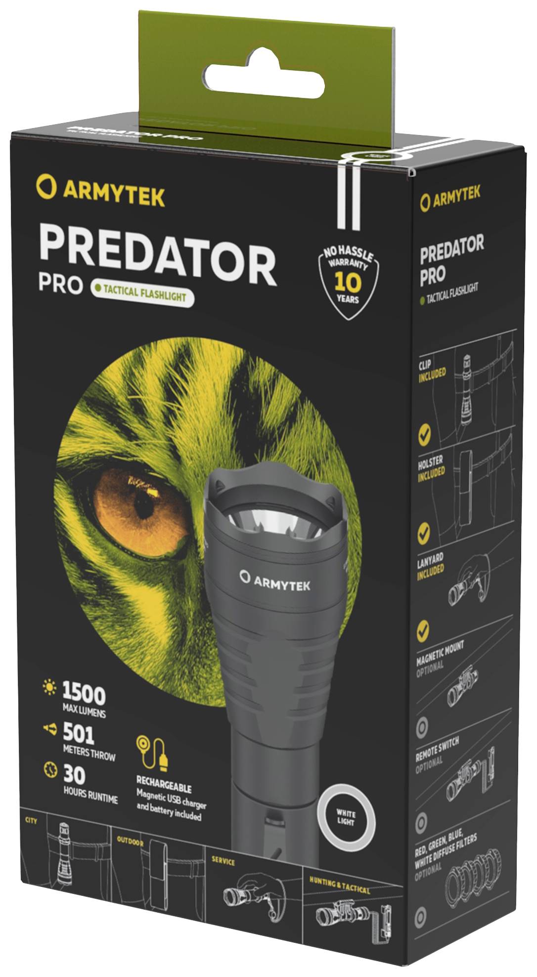 Taktická baterka 'Predator Pro' od Armytek s 1500 lumenmi, dosahom 501 metrov, odolná a s 10-ročnou zárukou. Dizajn obalu s motívom zvieracieho oka.