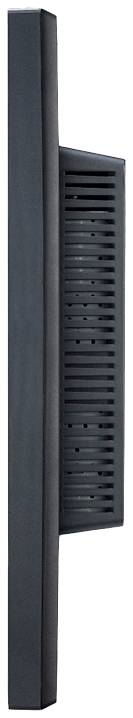 Pohľad zboku na ploché, obdĺžnikové elektronické zariadenie s vetracími otvormi na zadnej strane.