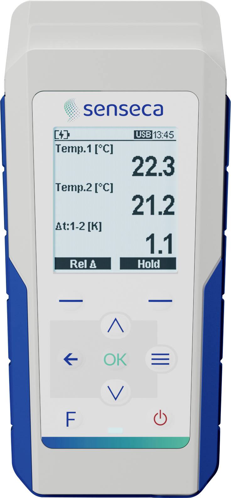 Digitálny teplomer zobrazujúci Teplota 1: 22,3°C, Teplota 2: 21,2°C, Δt: 1,1 K, s tlačidlami pre "Rel A" a "Podržať" a USB pripojením.