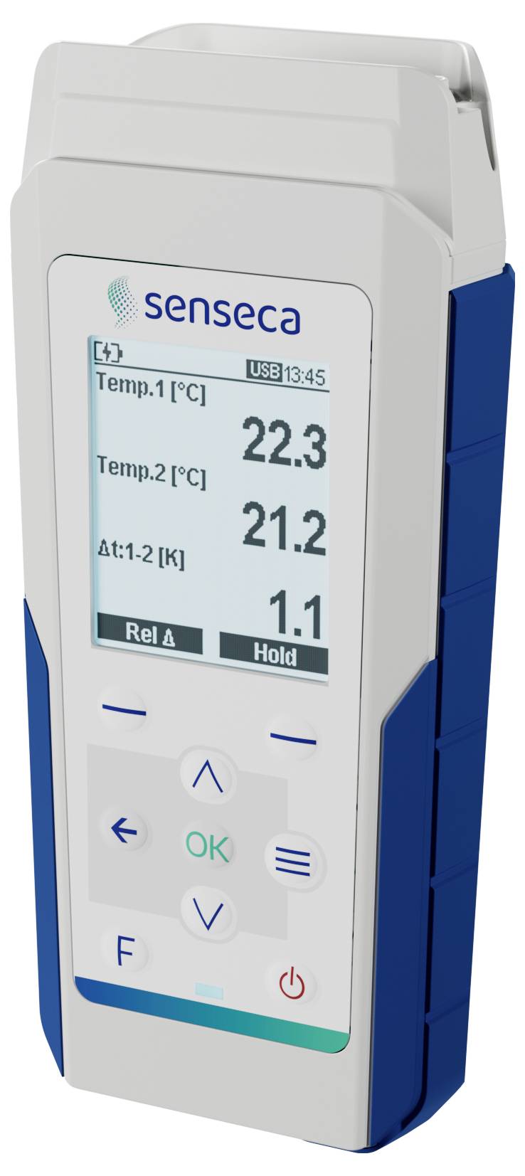 Digitálny teplomer zobrazujúci aktuálne teploty 22,3°C a 21,2°C, s teplotným rozdielom 1,1K.