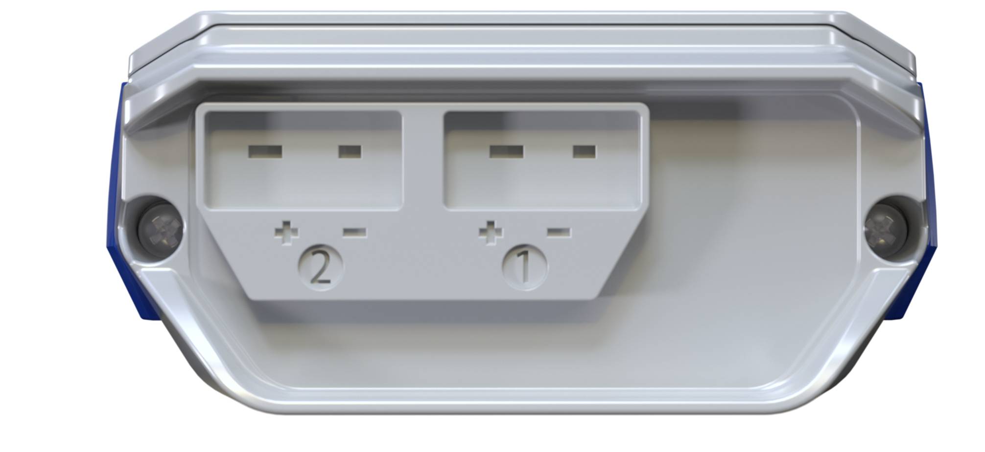 Plastové zariadenie s dvoma obdĺžnikovými otvormi označenými '1' a '2', s kladnými a zápornými symbolmi, pravdepodobne slúžiace na elektrické pripojenia.