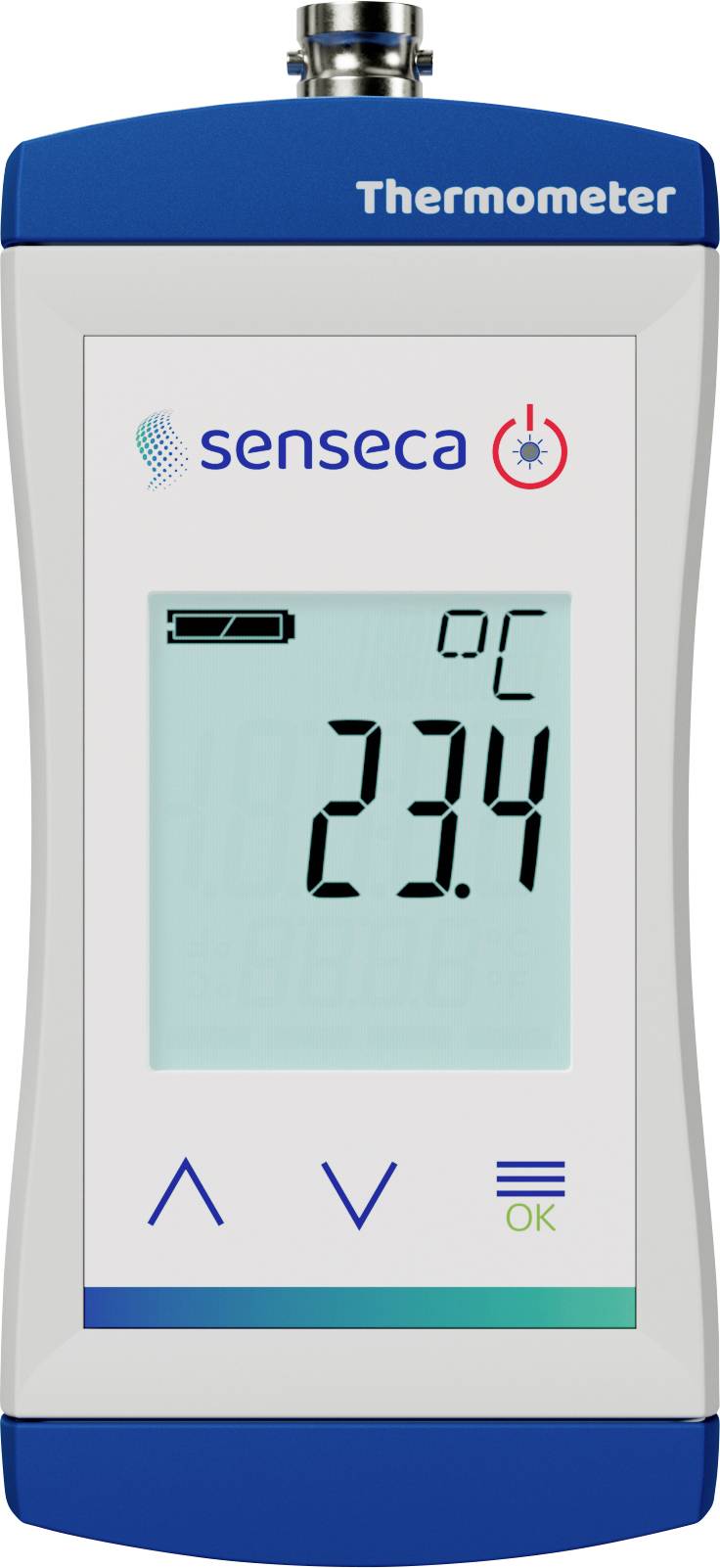 Digitálny teplomer zobrazuje '23,4 °C' s indikátorom batérie a napájacími tlačidlami nižšie.