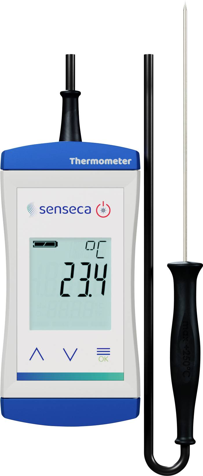 Digitálny teplomer značky Senseca zobrazujúci teplotu '23,4 °C' s pripevnenou sondou.