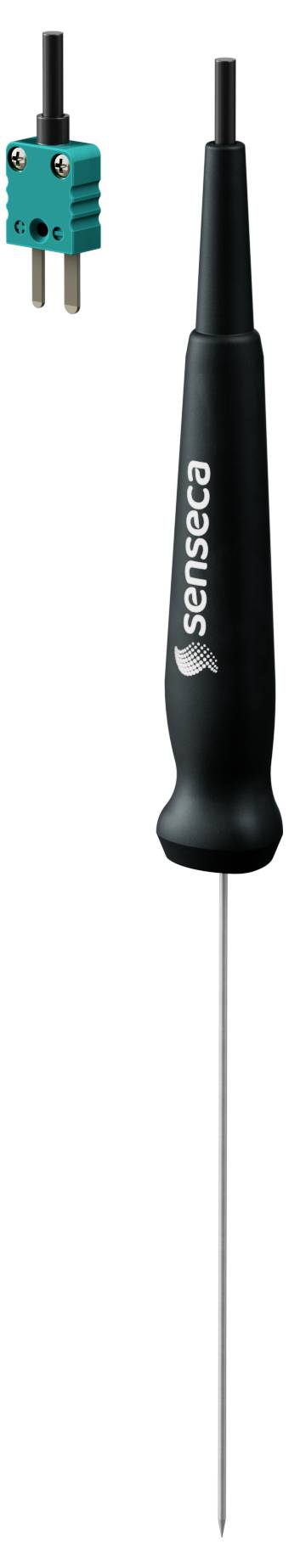 Čiernu teplotnú sondu s špicatým kovovým hrotom a zelenou konektorovou zástrčkou pripojenou k čiernemu káblu, ktorá sa používa na meranie teploty.