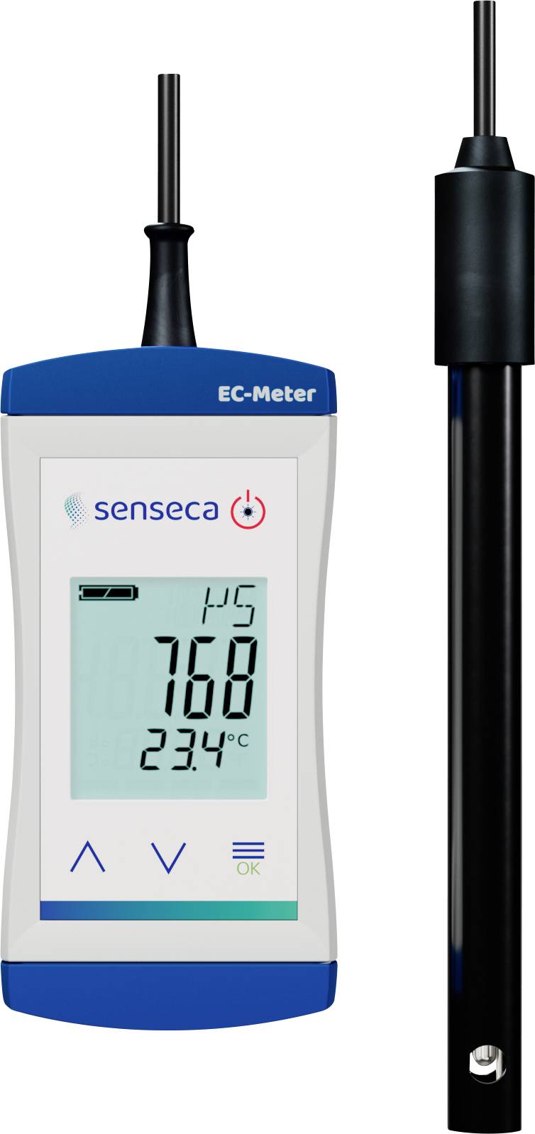 Digitálny EC merač zobrazujúci hodnoty '768' μS/cm a '23.4°C'. Zariadenie obsahuje sondu na meranie elektrickej vodivosti v roztokoch.