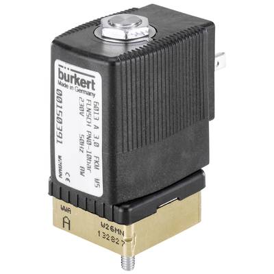 Bürkert elektromagnetický ventil s technickými detailmi: Typ 6013 A, 230V, 50 Hz, Vyrobené v Nemecku. Obdĺžnikové čierne puzdro s kovovým spodkom.