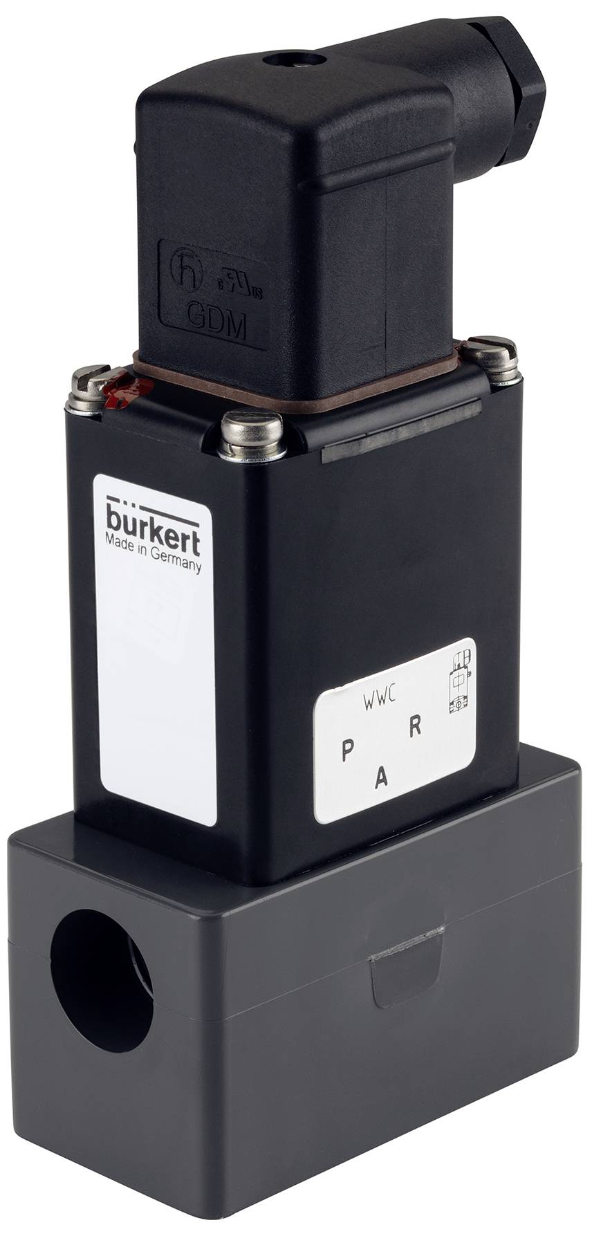 Elektronický ventil od Bürkert, obdĺžnikového tvaru s čiernym krytom a nápisom 'Made in Germany'. Hore je čierne pripojenie.