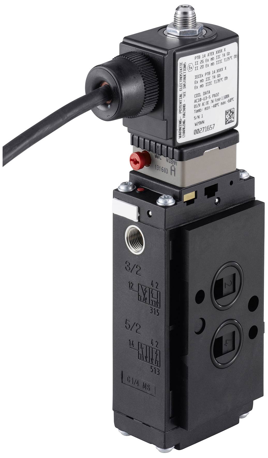 Elektro-pneumatický ventil s čiernym krytom, dvoma prípojkami ventilu a elektrickým káblovým pripojením na vrchu.