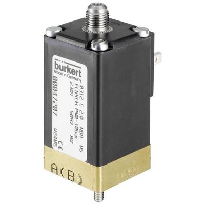 Elektrický magnetický ventil od Bürkert, vyrobený v Nemecku. Nápis zobrazuje špecifikácie: 24V, 50 Hz, max. 10 barov.
