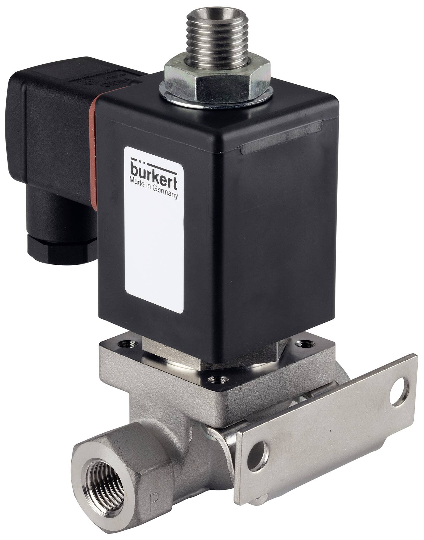 Elektricky ovládaný magnetický ventil s robustným kovovým krytom, pripojovacími dielmi a čiernym vekom, označený nápisom "Made in Germany".