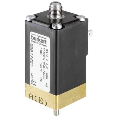 Elektromagnetický ventil značky Bürkert s technickými špecifikáciami na etikete vrátane modelu a tlakových informácií.