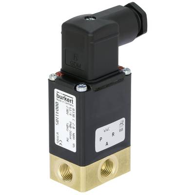 Elektromagnetický ventil s čiernym púzdrom a zlatými prípojkami, nápis 'burkert', technické parametre viditeľné.