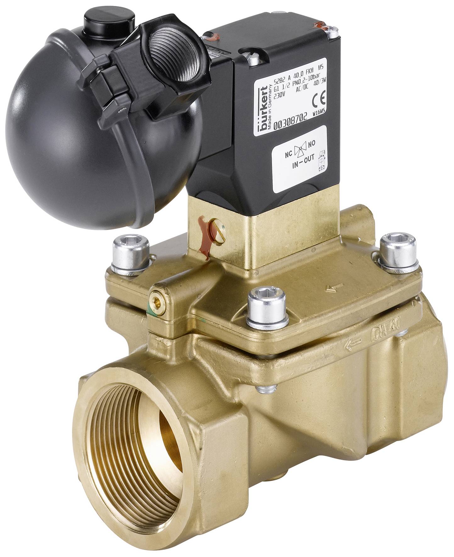 Elektromagnetický ventil z kovu s čiernym plastovým krytom a viacerými prípojkami. Používa sa v hydraulických systémoch.