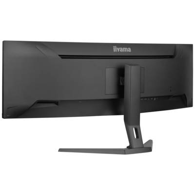 Ultraširokouhlý počítačový monitor z pohľadu zozadu, namontovaný na otočnom stojane, nemá viditeľné žiadne konektory.