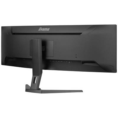 Veľký, čierny počítačový monitor zozadu. Stojan je mierne naklonený a logo je viditeľné v hornej časti zadnej strany.