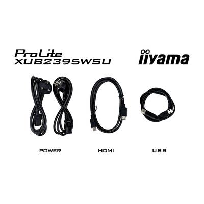Tri káble: vľavo sieťový kábel, v strede HDMI kábel, vpravo USB kábel. Značka "ProLite XUB2395WSU" a "iiyama" hore.