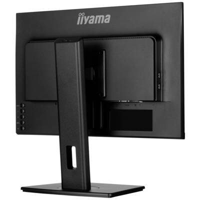 Pohľad zozadu na čierny počítačový monitor na stojane so značkovým logom 'iiyama' v hornej časti.
