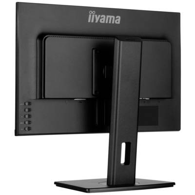 Čierny počítačový monitor zozadu s nastaviteľným stojanom, ovládacími prvkami na ľavej strane a logom hore.