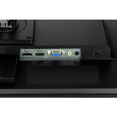 Zadná strana monitora s rôznymi konektormi: dva HDMI vstupy, jeden VGA konektor, jeden audio výstup a napájací konektor.