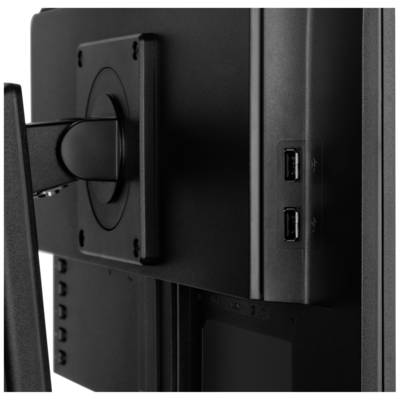 Zadná strana monitora s držiakom na stenu a dvoma USB portami vpravo, zobrazuje upevňovaciu mechaniku.