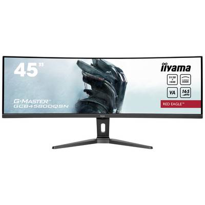 Široký monitor iiyama s nápisom '45 palcov', 'G-Master', rozlíšením 5120x1440, VA panel, 165 Hz, séria Red Eagle.