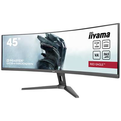 'Iiyama 45" G-Master Red Eagle Monitor' zobrazuje ultravelký herný monitor so 165 Hz a VA panelom. Obrázok futuristického vojaka.