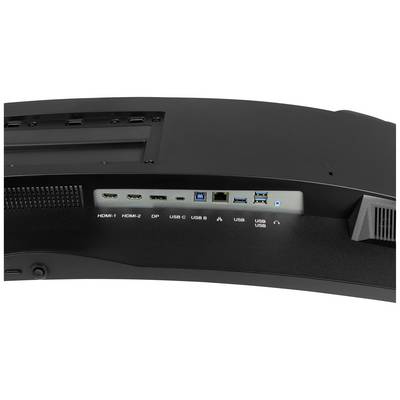 Zadná strana monitora s viacerými portmi vrátane HDMI, DisplayPort, USB-C, USB-B, Ethernet a USB 3.0.