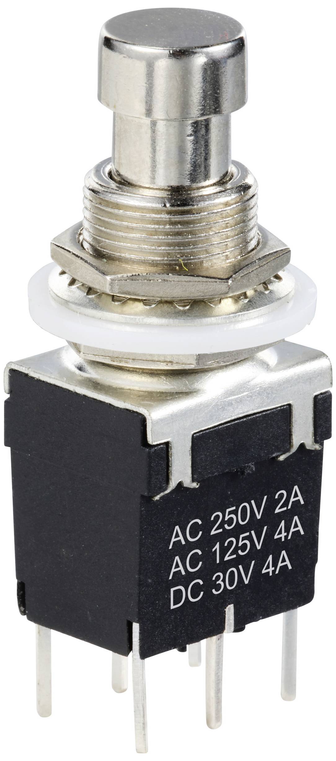 Spínač s kovovým gombíkom a čiernym krytom, potlačený nápisom 'AC 250V 2A, AC 125V 4A, DC 30V 4A'. Vhodný pre elektrické obvody.