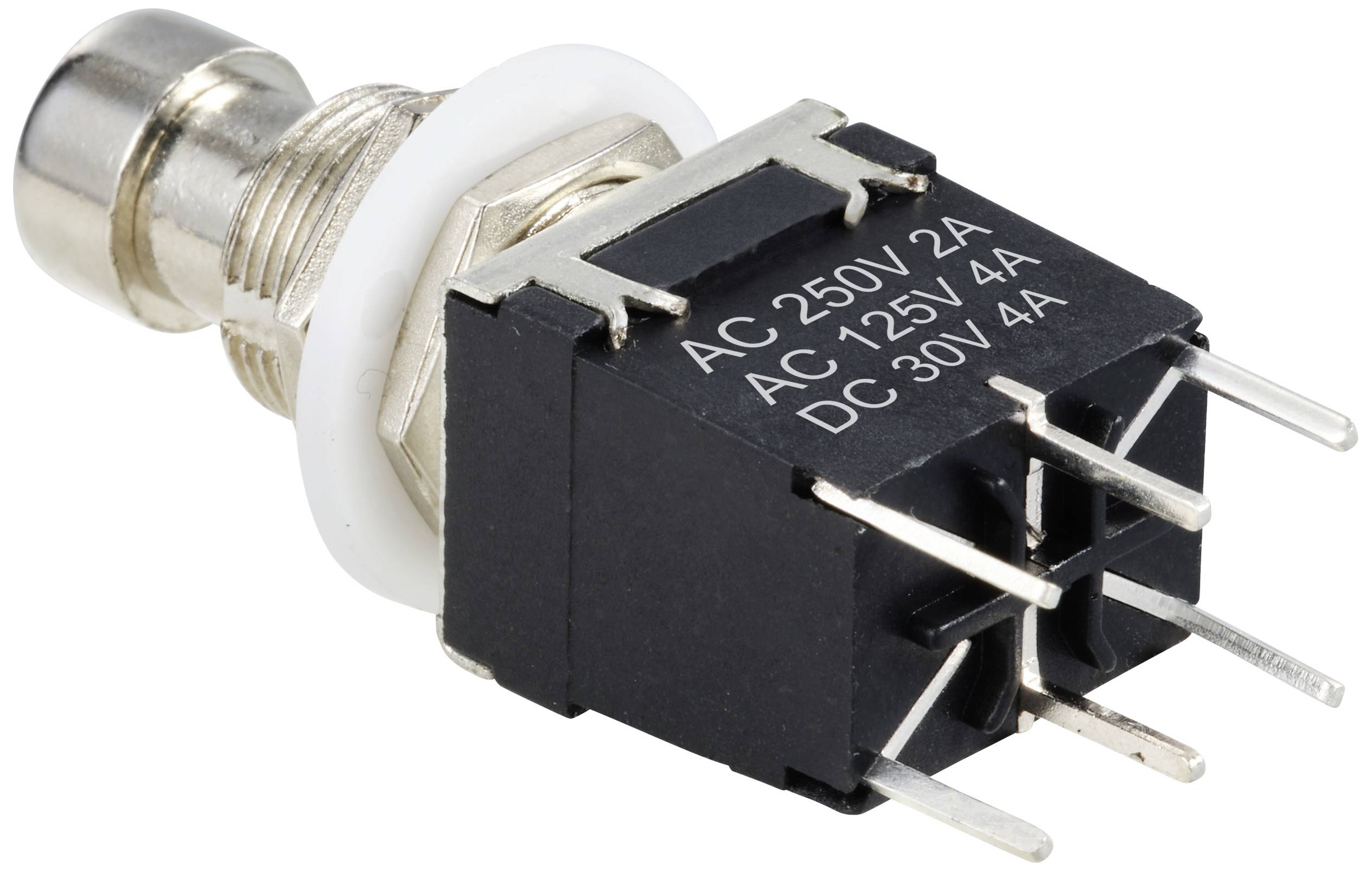 Detailný záber spínača s označením: AC 250V 2A, AC 125V 4A, DC 30V 4A. Kovový komponent a čierna základňa spínača.