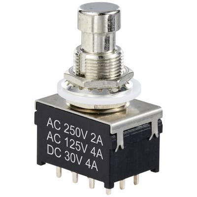 Tlačidlový spínač s kovovým tlačidlom, zobrazuje špecifikácie: 'AC 250V 2A, AC 125V 4A, DC 30V 4A'.