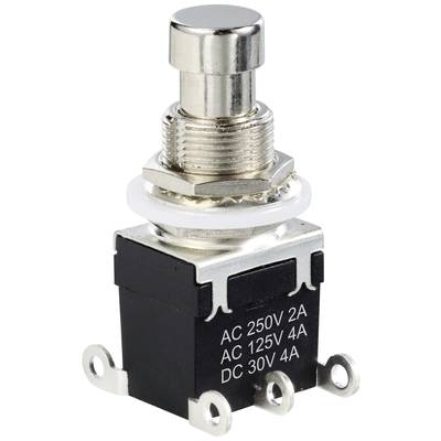 Strieborný a čierny tlačidlový spínač s označením 'AC 250V 2A, AC 125V 4A, DC 30V 4A', zobrazuje elektrické špecifikácie.