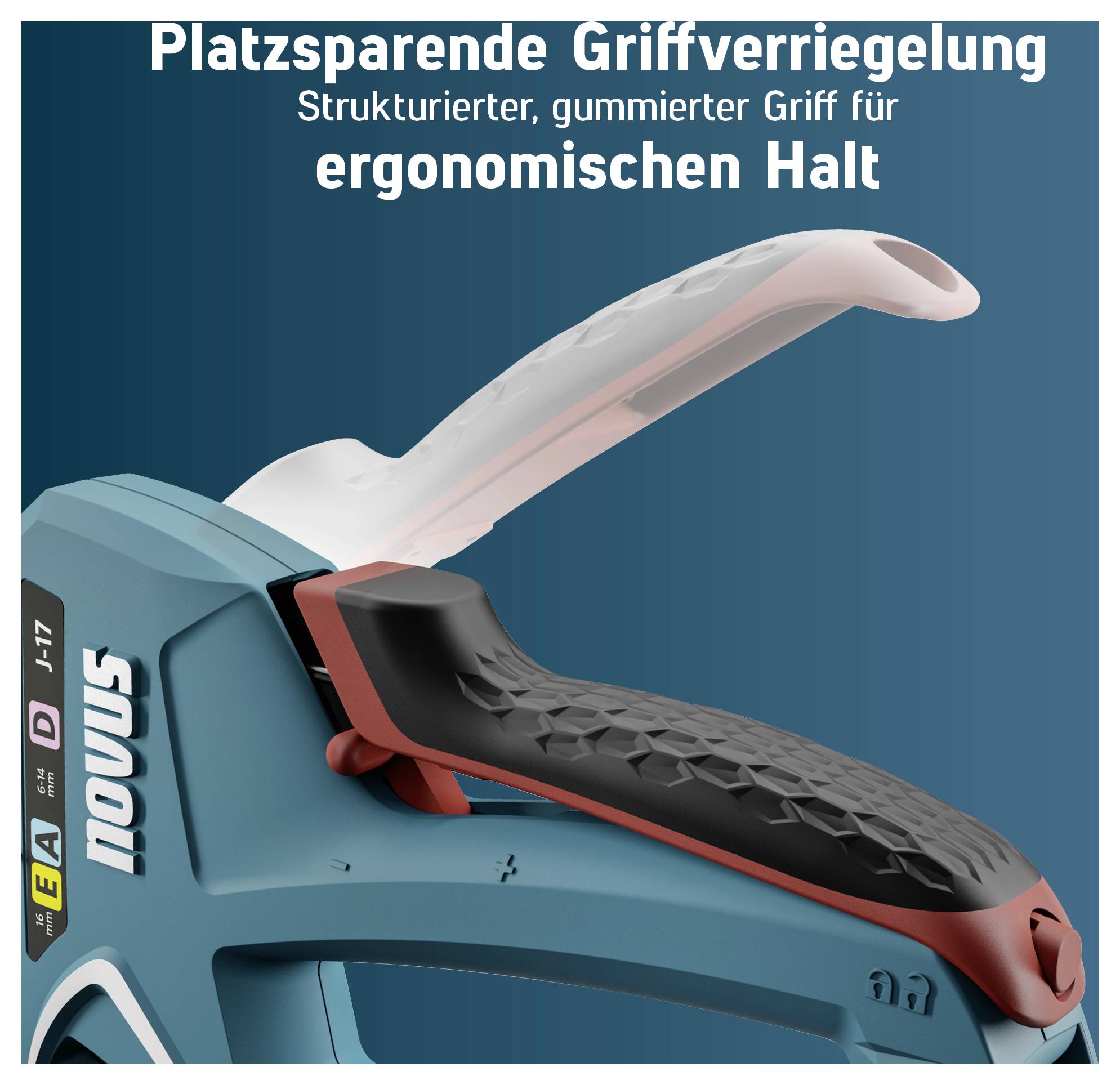 Zblízka fotografia motorovej píly s úsporným zámkom gripu; štruktúrovaný, gumovaný úchop pre ergonomické držanie.