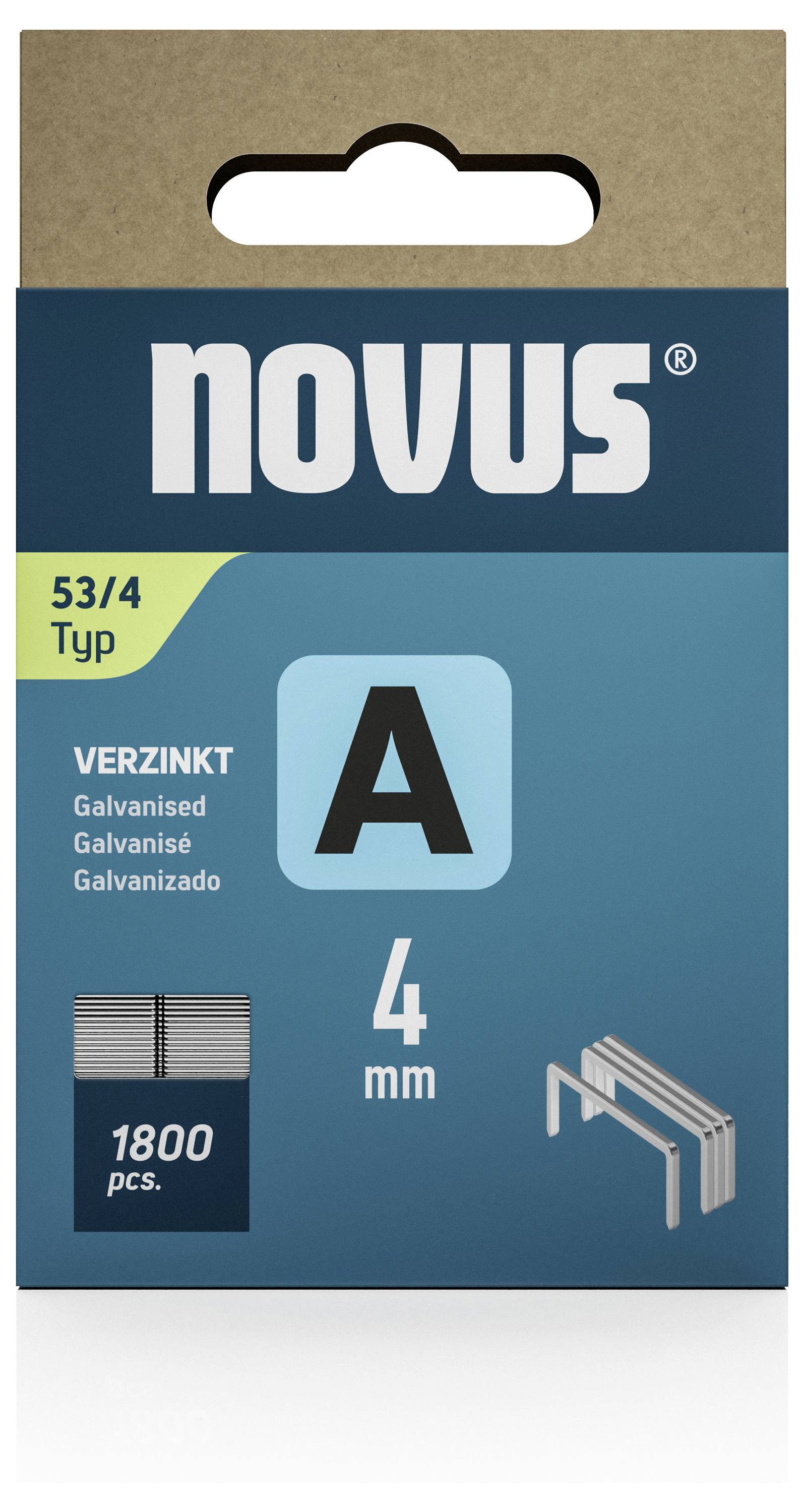 Balenie spiniek značky Novus, typ 53/4, pozinkované, 4 mm, s 1800 kusmi v balení, je znázornené.