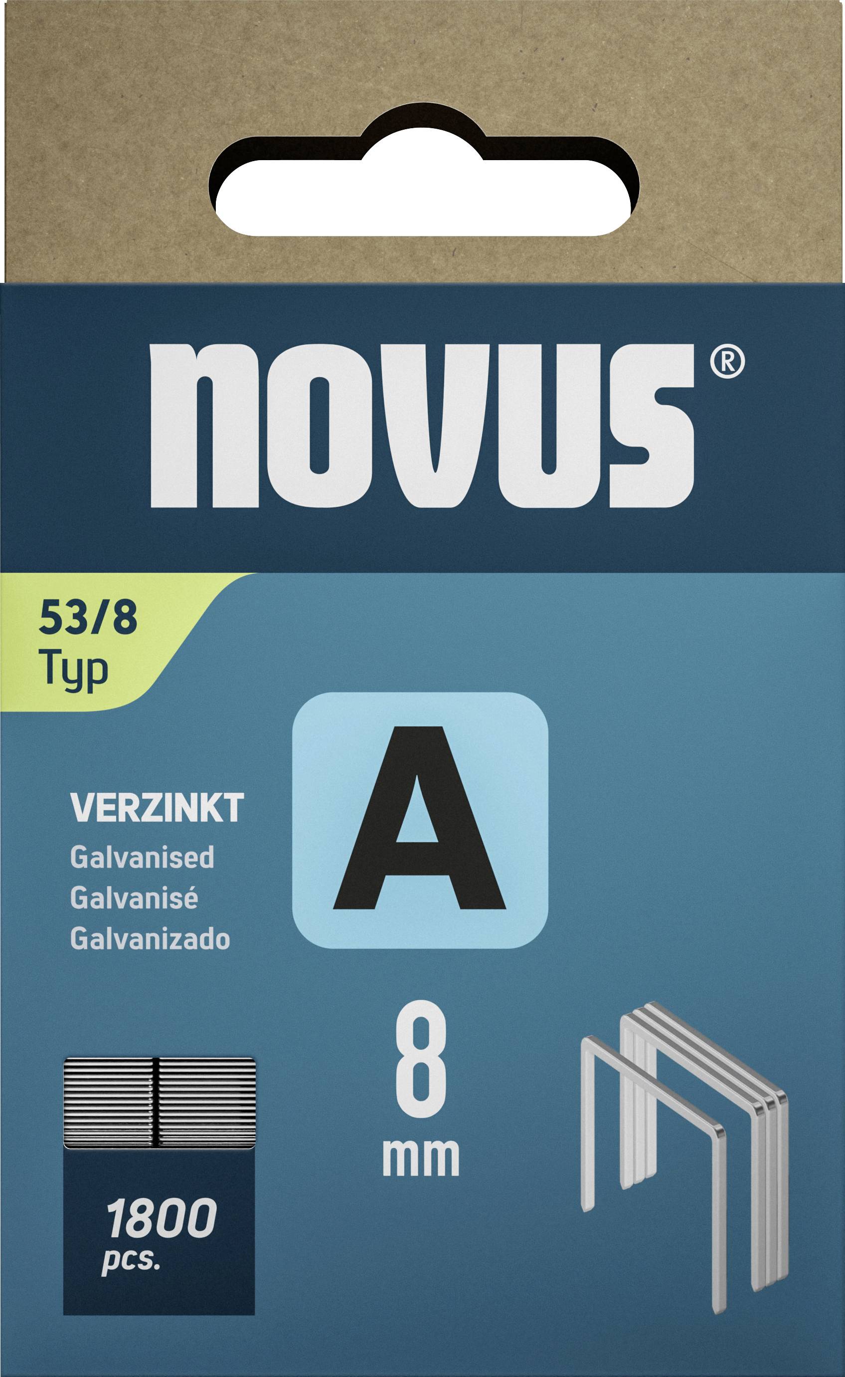Balenie Novus 53/8 sponiek, pozinkované, typ A, 8 mm, 1800 kusov. Zobrazenie sponiek s obrázkom na obale.