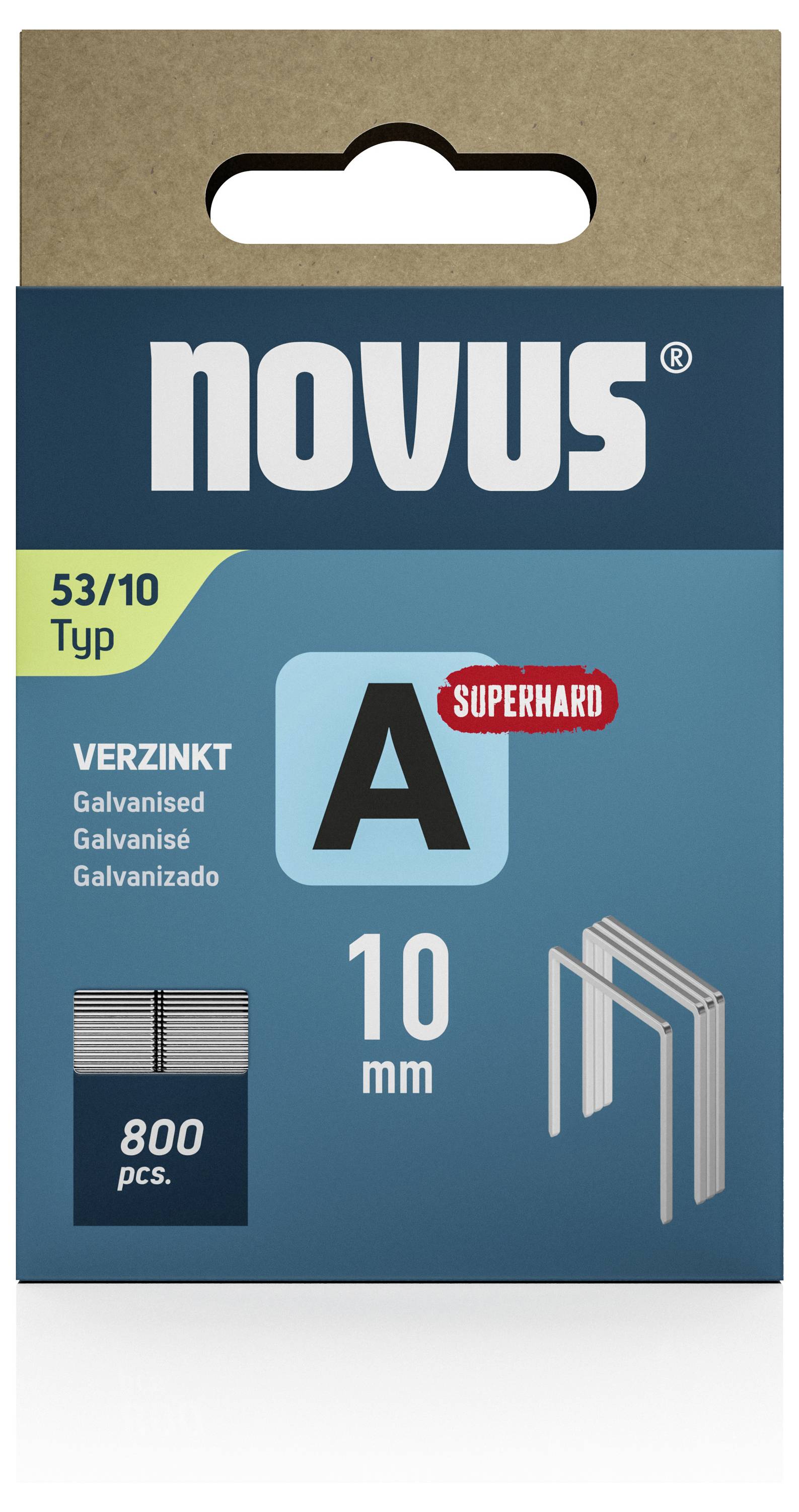 Novus sponky, typ 53/10 pozinkované, 800 kusov, na ťažké upevnenia. Balenie zobrazuje obrázok spôn a text 'SUPERHARD'.