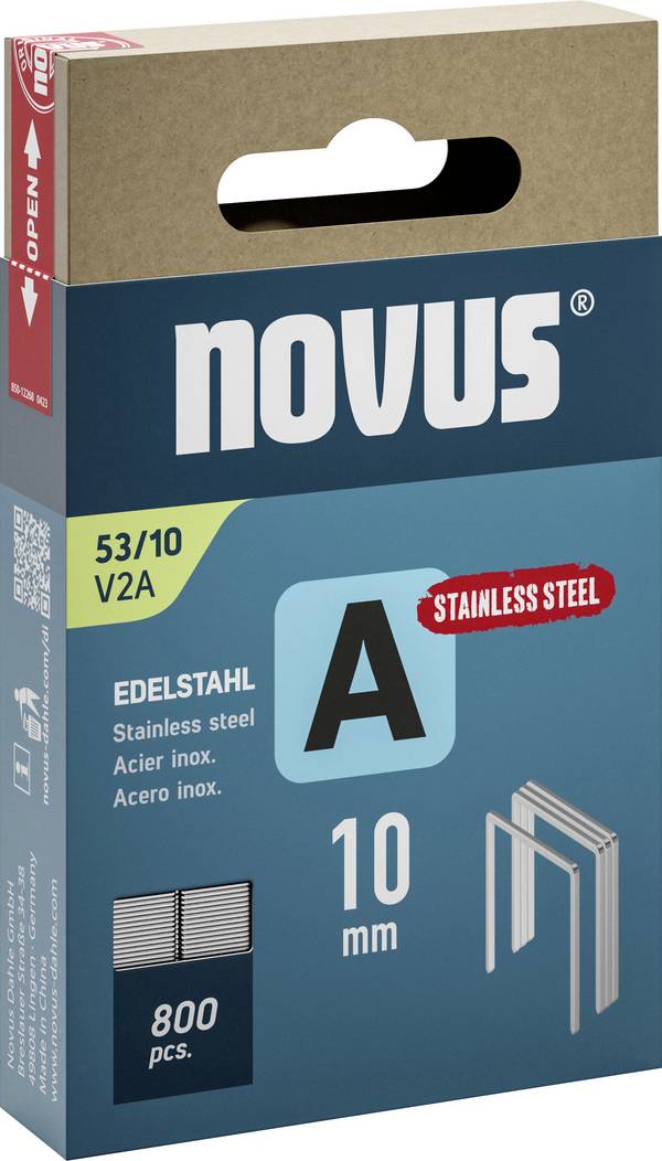Spony z jemného drôtu A typ 53 10mm V2A 800 ks Novus Tools 042-0779 Rozmery (d x š) 10 mm x 11.3 mm
