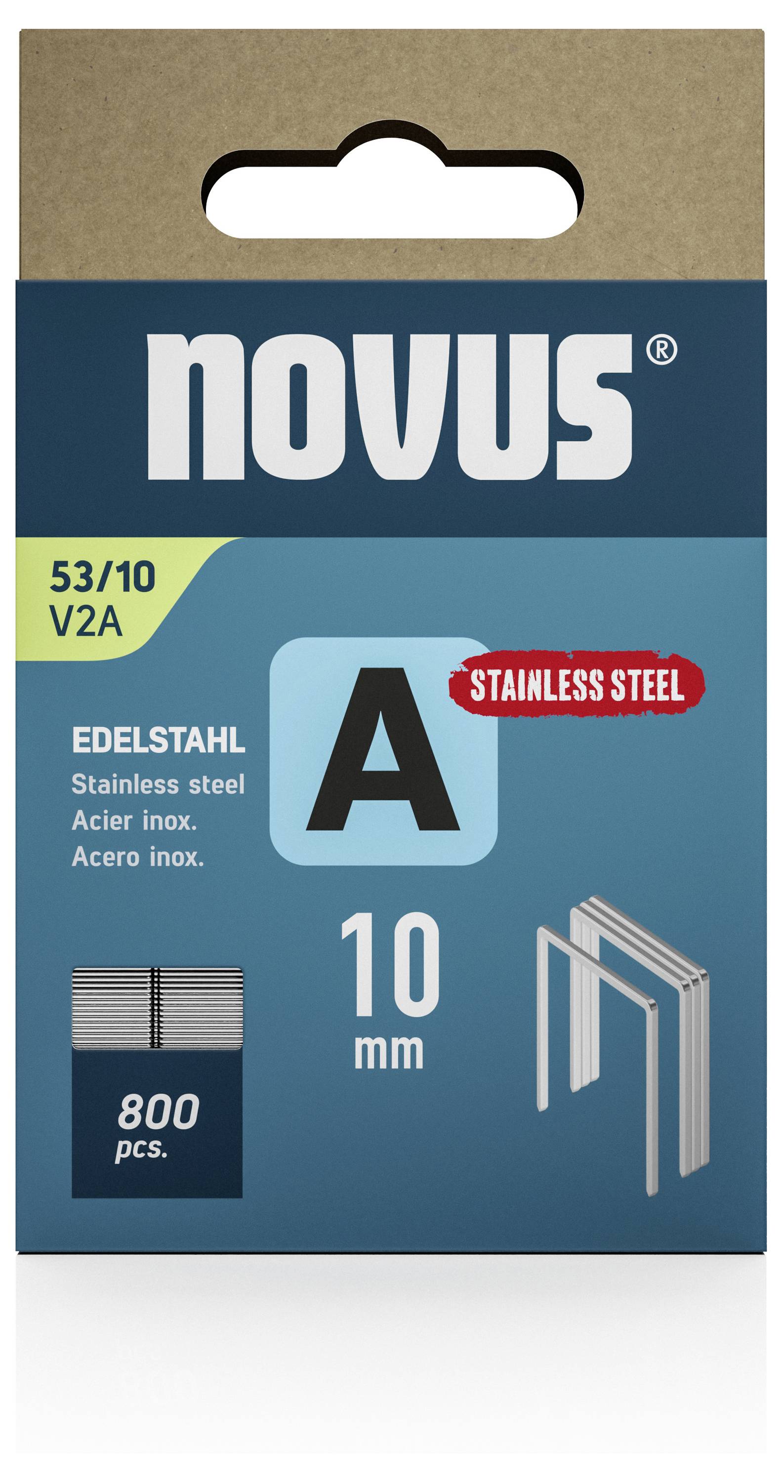 Balenie so sponkami z nehrdzavejúcej ocele 10 mm (Typ 53/10 V2A), 800 kusov. Obchodná značka 'novus' hore, obrázok spônk vpravo.