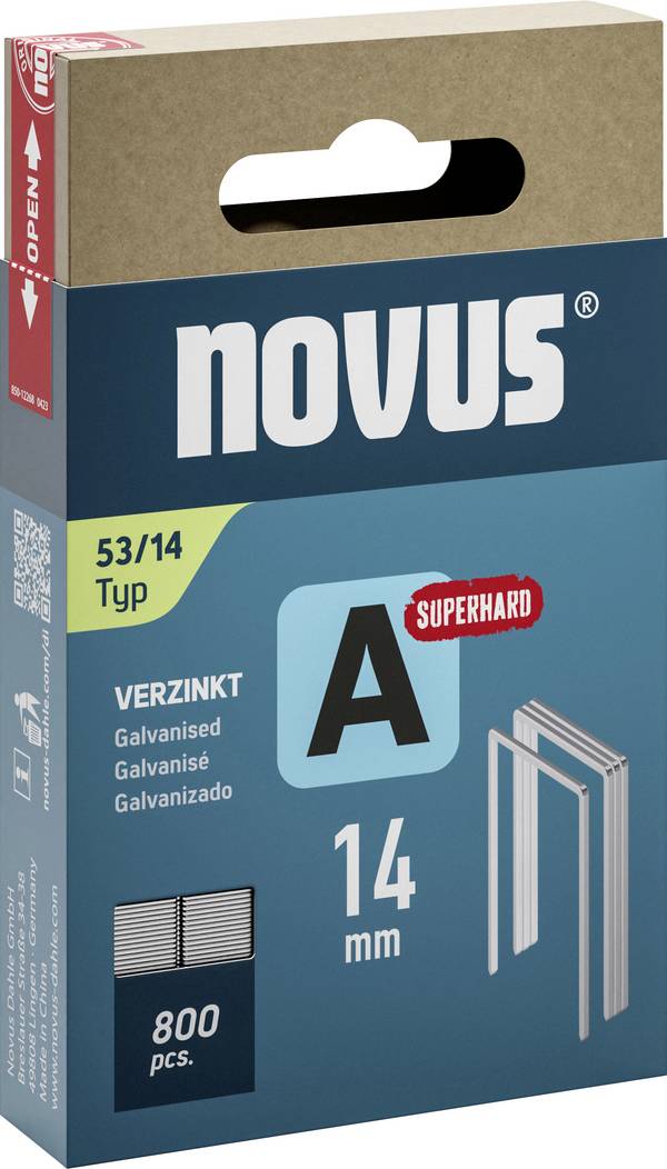 Spony z jemného drôtu A typ 53 14 mm super tvrdé 800 ks Novus Tools 042-0781 Rozmery (d x š) 14 mm x 11.3 mm