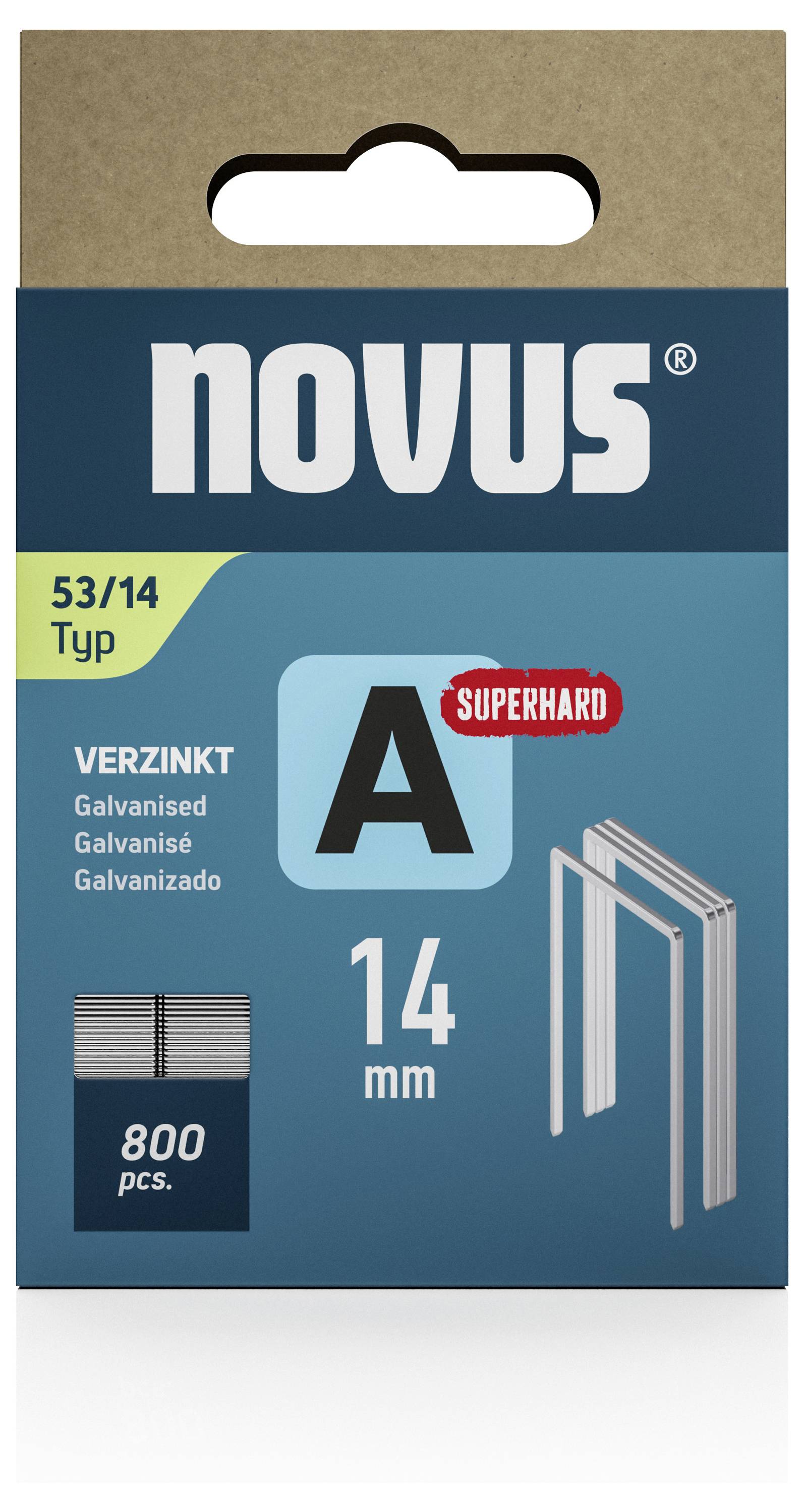 Balenie spiniek Novus typ 53/14, pozinkované, ultra tvrdé, 14 mm, 800 kusov. Obal zobrazuje obrázok spiniek.