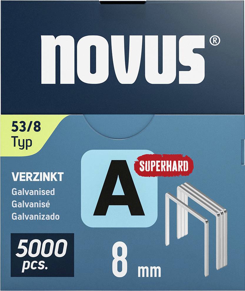 Novus spinkovače, typ 53/8, pozinkované, 5000 kusov, 8 mm, vhodné pre super tvrdé materiály. Balenie v odtieňoch modrej a sivej.