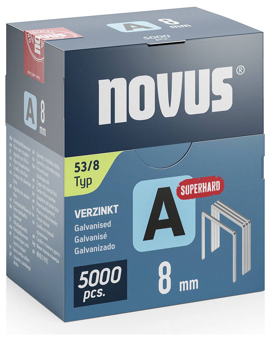 Škatuľa s 5000 pozinkovanými kancelárskymi sponkami Novus typ 53/8, vhodné pre super tvrdé aplikácie, veľkosť 8 mm.