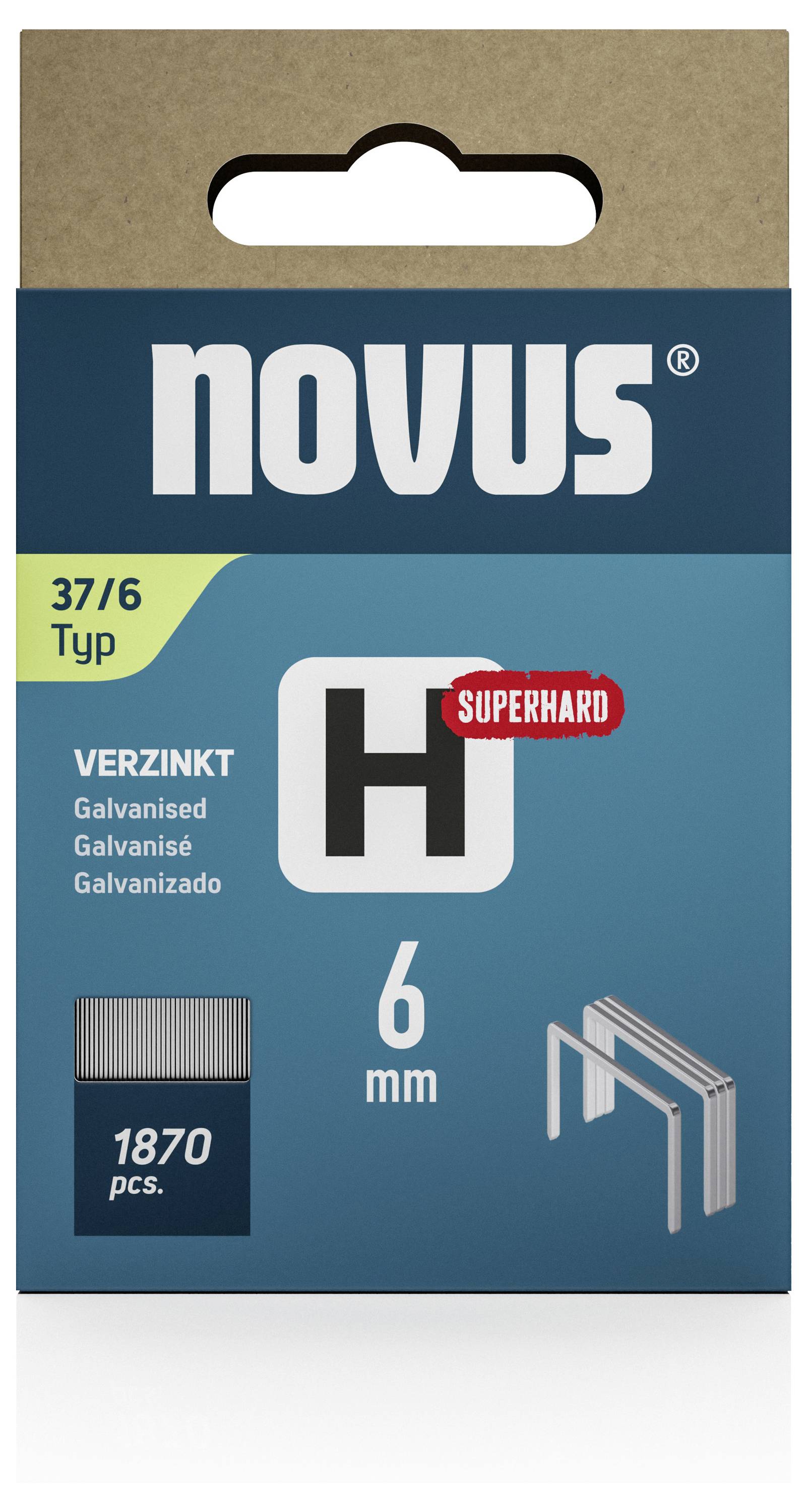 Balenie pre Novus pozinkované sponky, typ 37/6, 1870 kusov, mimoriadne tvrdé, 6 mm dĺžka, zobrazuje obrázok sponky a logo.