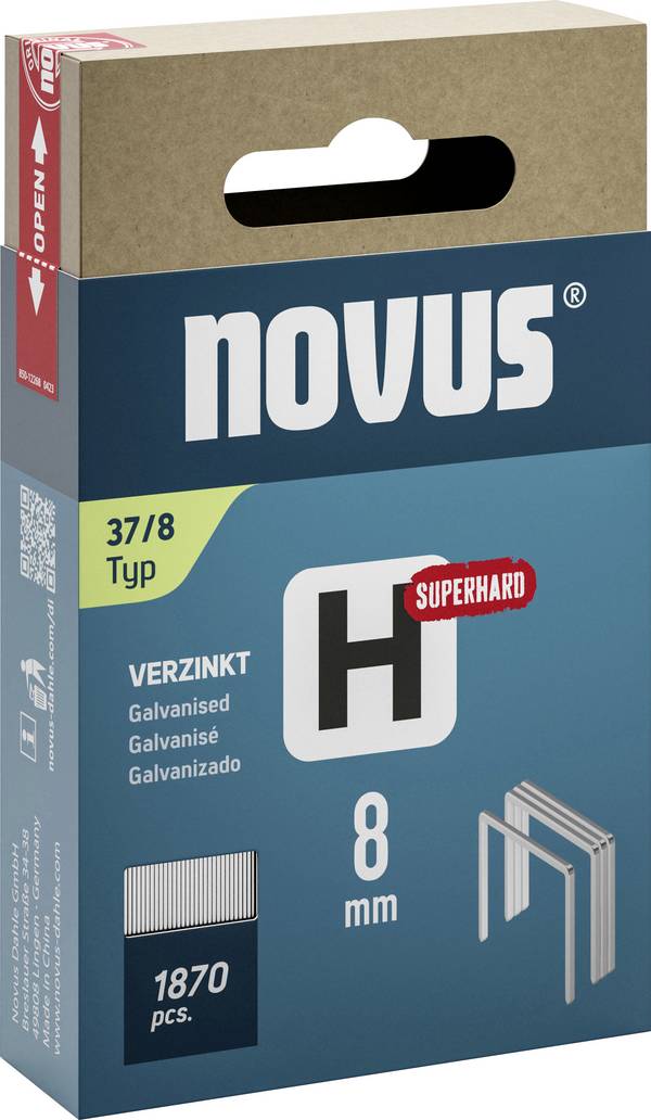 Sponky z jemného drôtu H typ 37 8 mm super tvrdé 1870 ks Novus Tools 042-0785 Rozmery (d x š) 8 mm x 10.6 mm