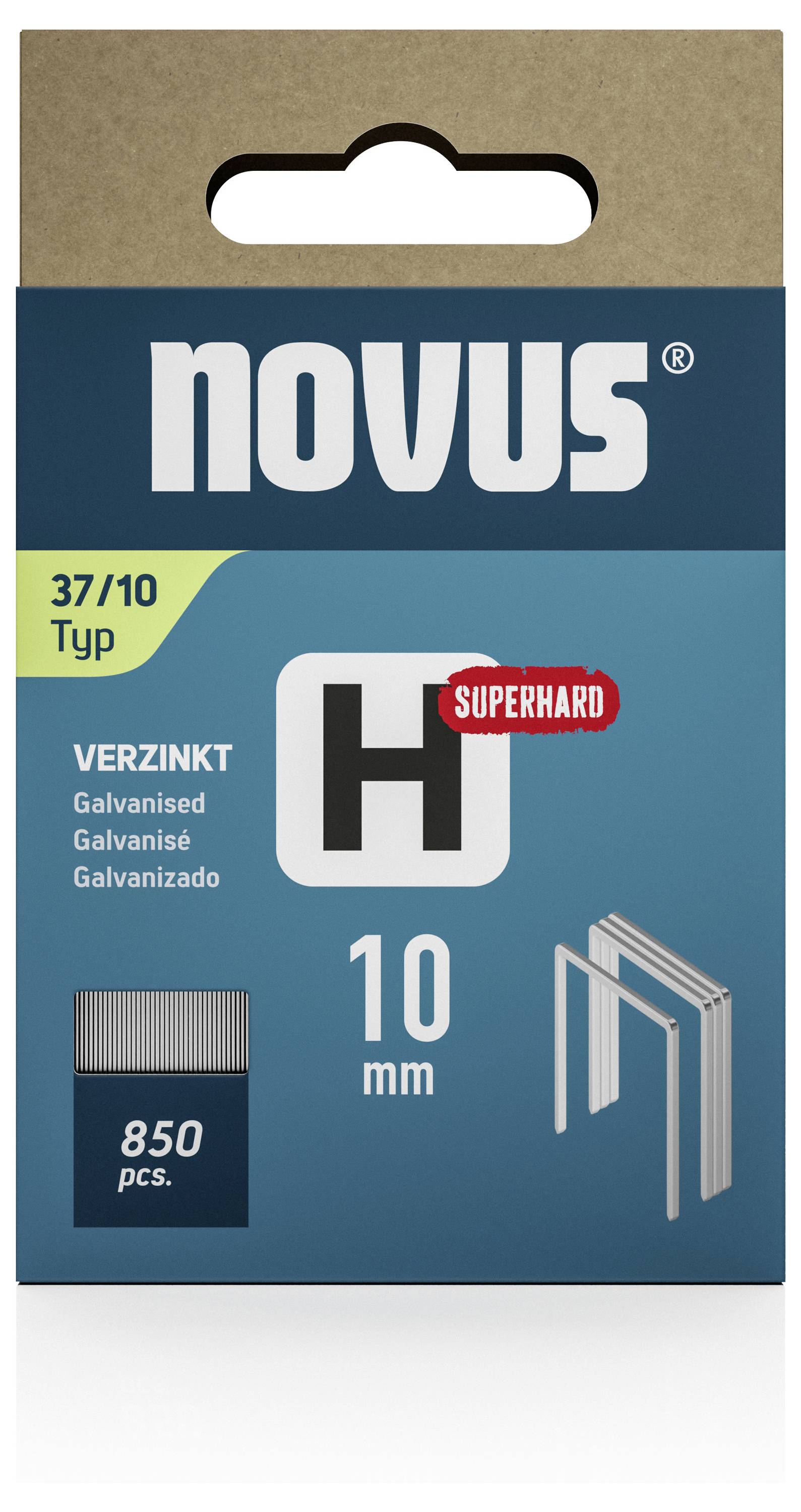 Jedna balenie spiniek Novus, typ 37/10, pozinkované, vhodné pre tvrdé materiály, obsahuje 850 kusov.