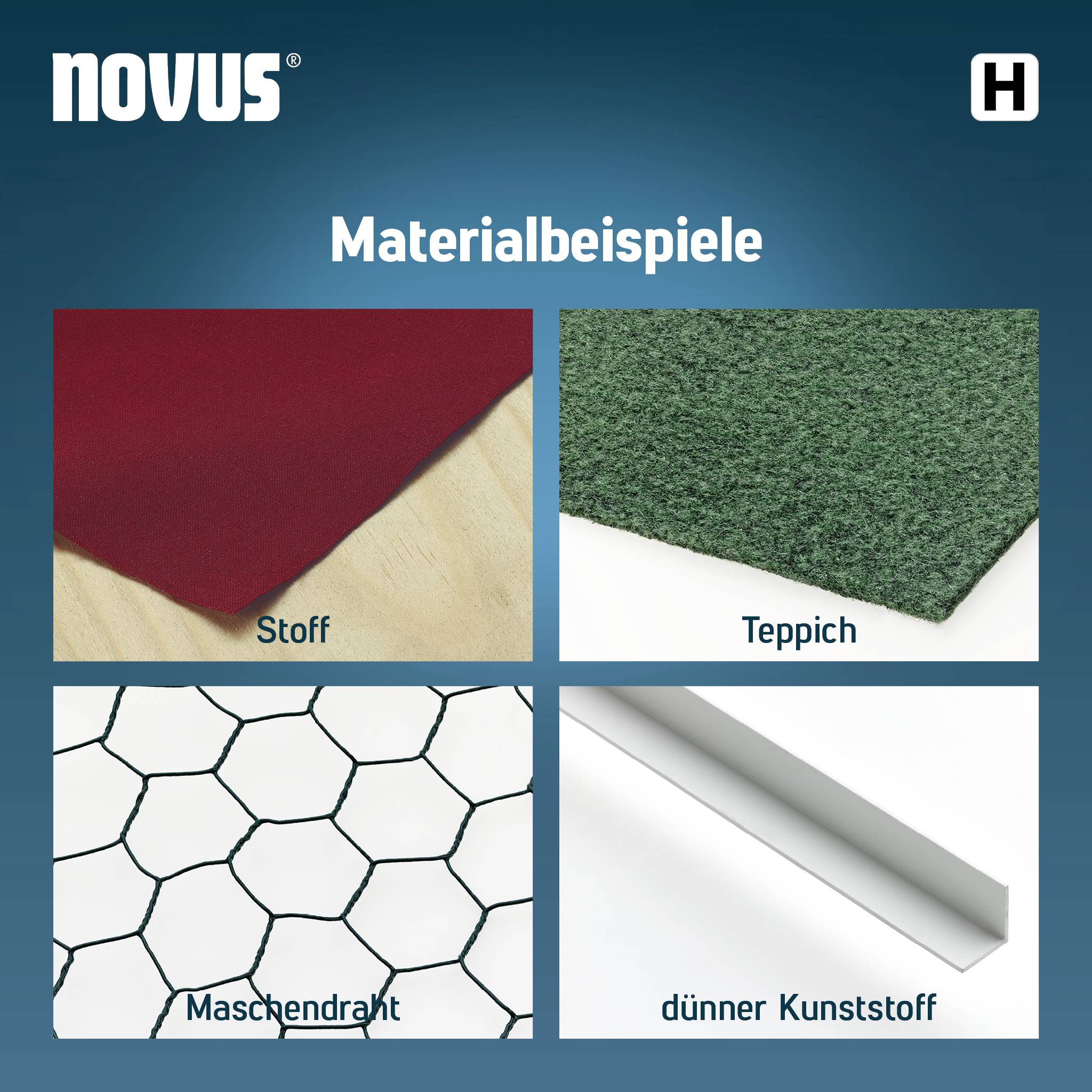 'Ukážky materiálov' zobrazuje štyri materiály: látku, koberec, pletivo, tenký plast. Každý materiál je zobrazený vo vlastnom štvorci.