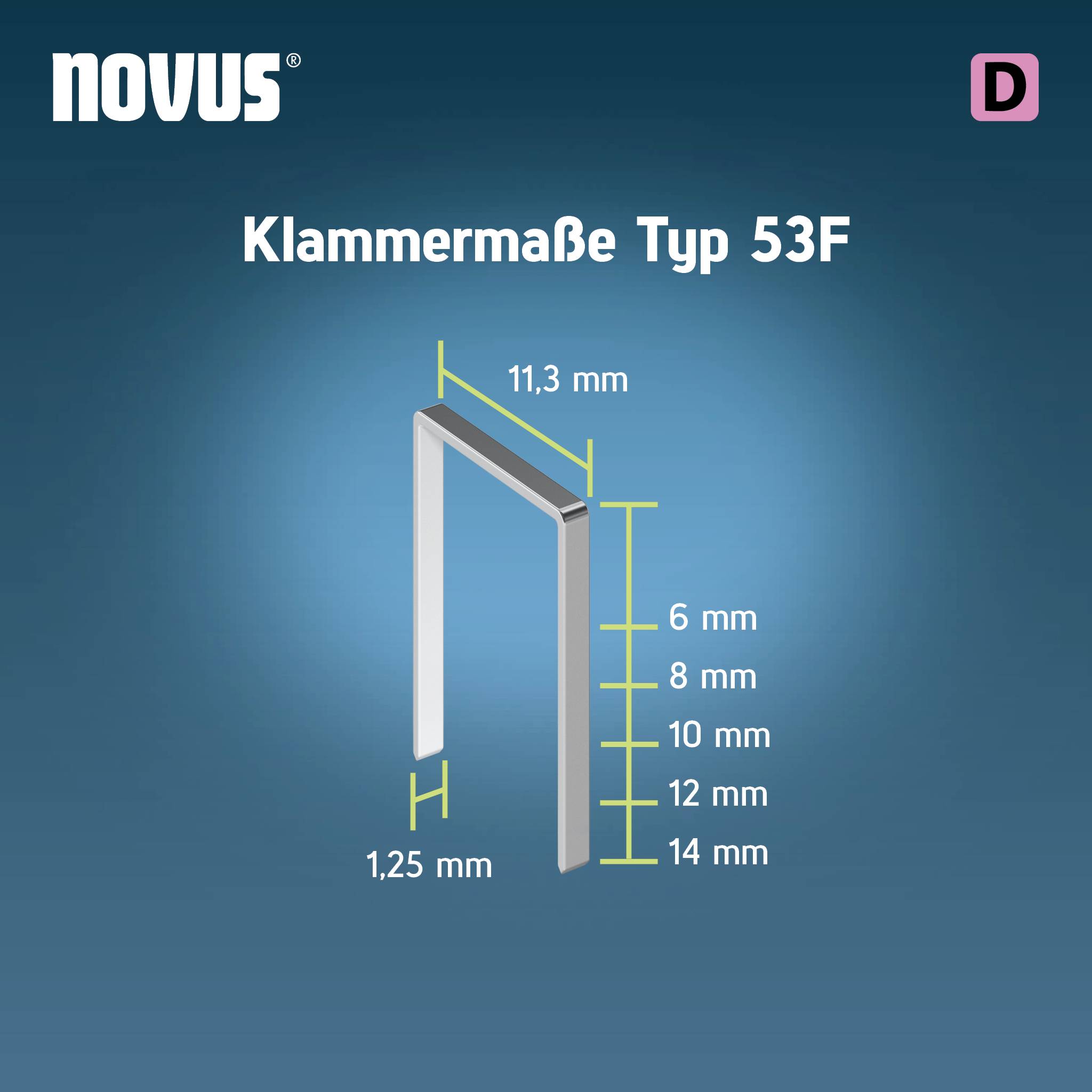 Obrázok zobrazuje sponku Typ 53F od Novus: výška 11,3 mm, dĺžky 6 až 12 mm, šírka 1,25 mm. Pozadie modré.