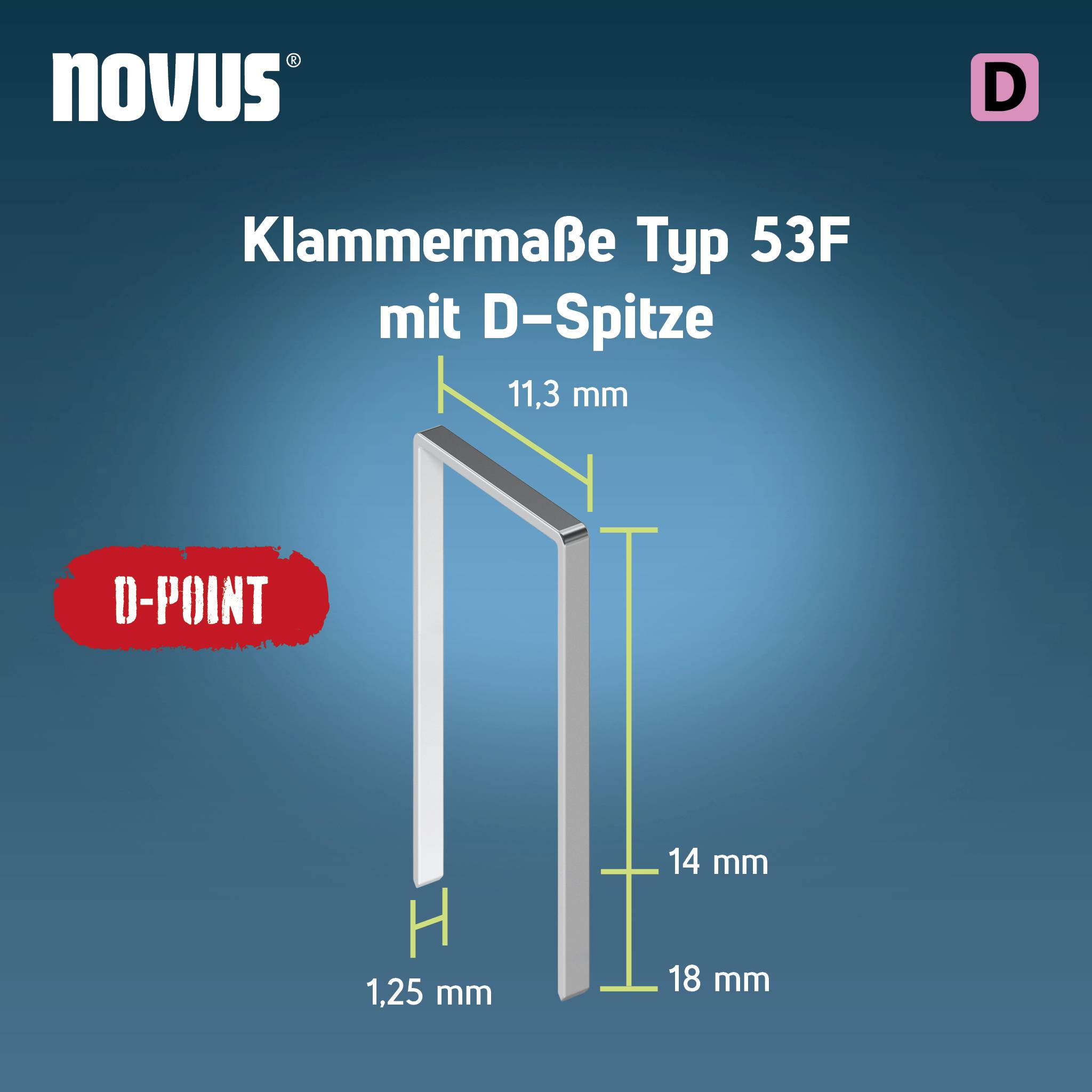 Svorka typ 53F, šírka 11,3 mm, výška 12 mm, D-hrot 18 mm.
